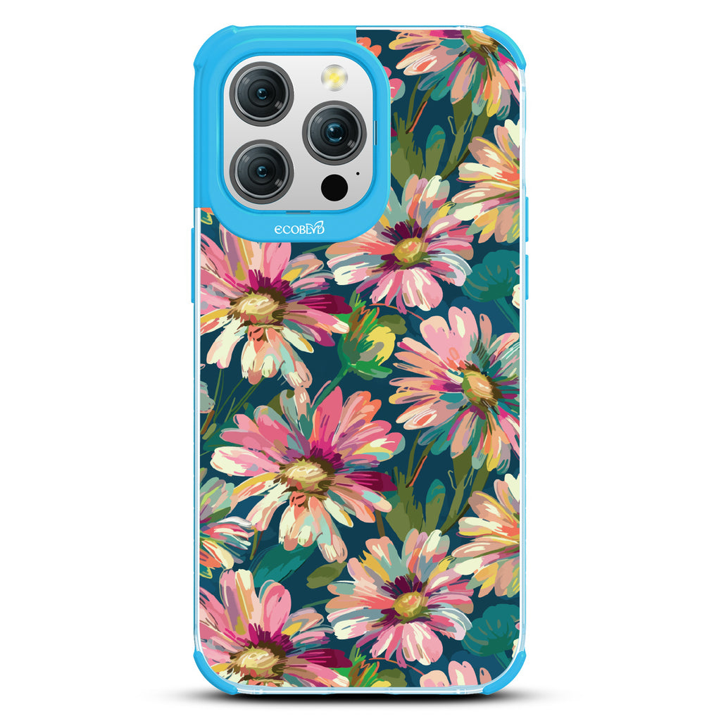 iPhone 15 Pro Max case, clear eco-friendly phone case with blue ridges, back view, Daisy Dusk design