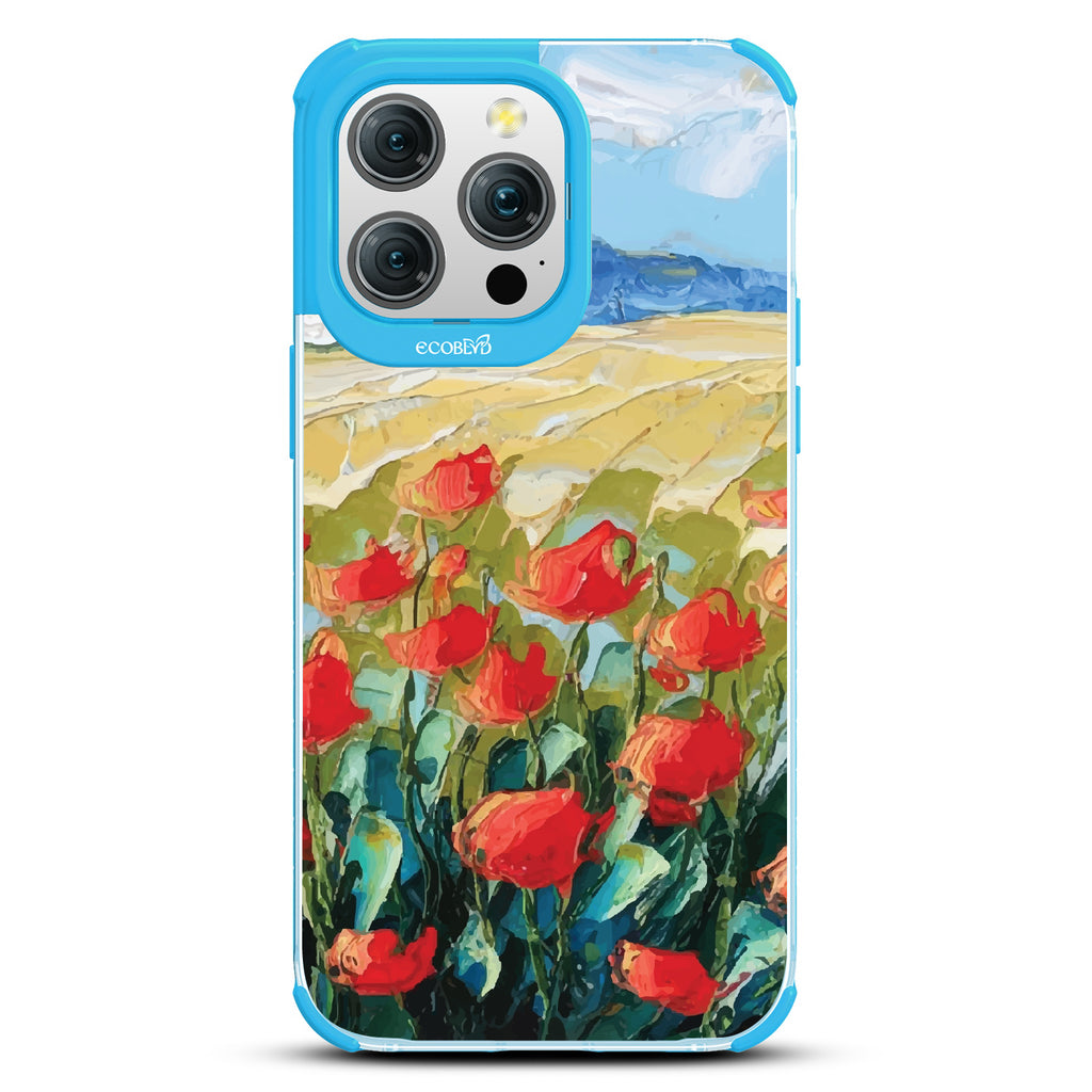 iPhone 15 Pro Max case, clear eco-friendly phone case with blue ridges, back view, Sleepy Bloom design