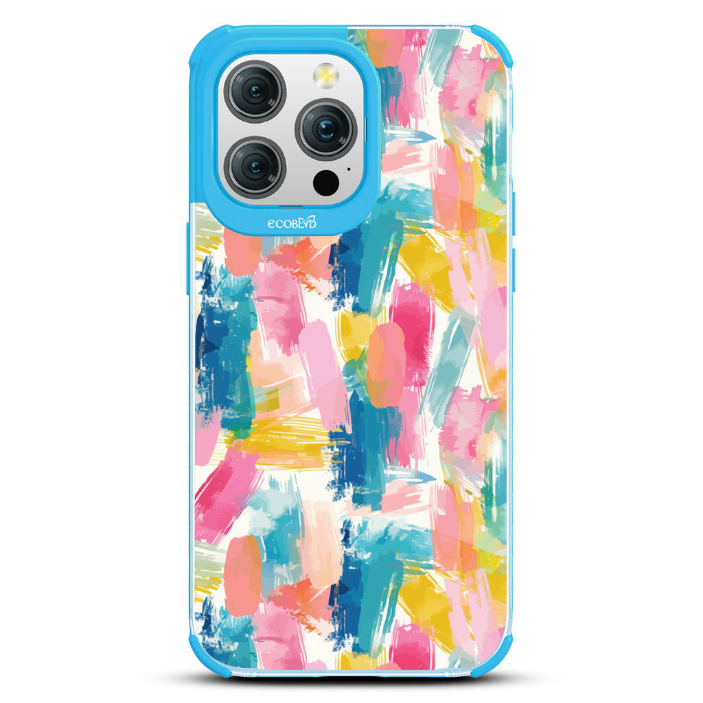 iPhone 15 Pro Max case, clear eco-friendly phone case with blue ridges, back view, Blurred Beauty design