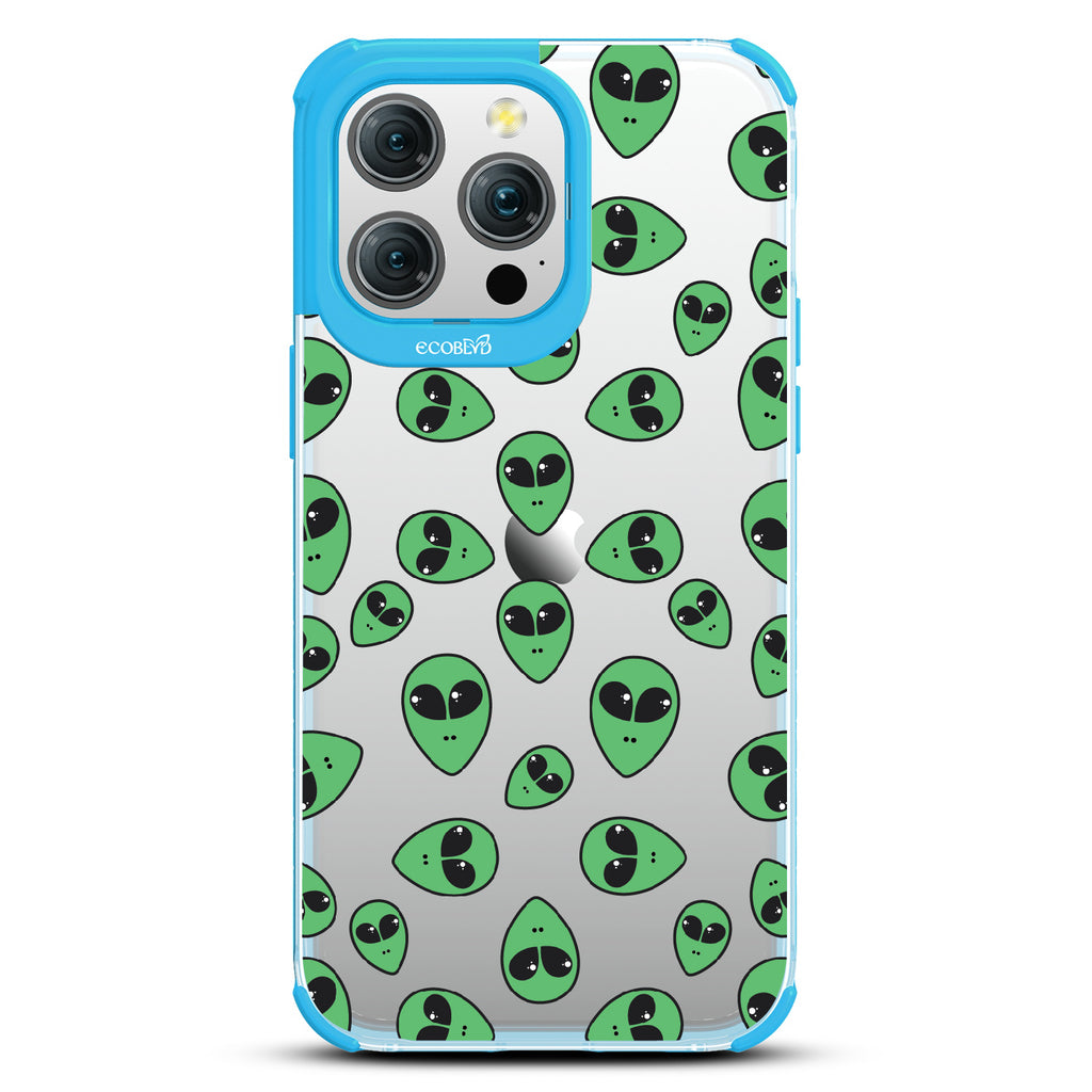 Aliens - Green Cartoon Alien Heads - Eco-Friendly Clear iPhone 15 Pro Max Case With Blue Rim