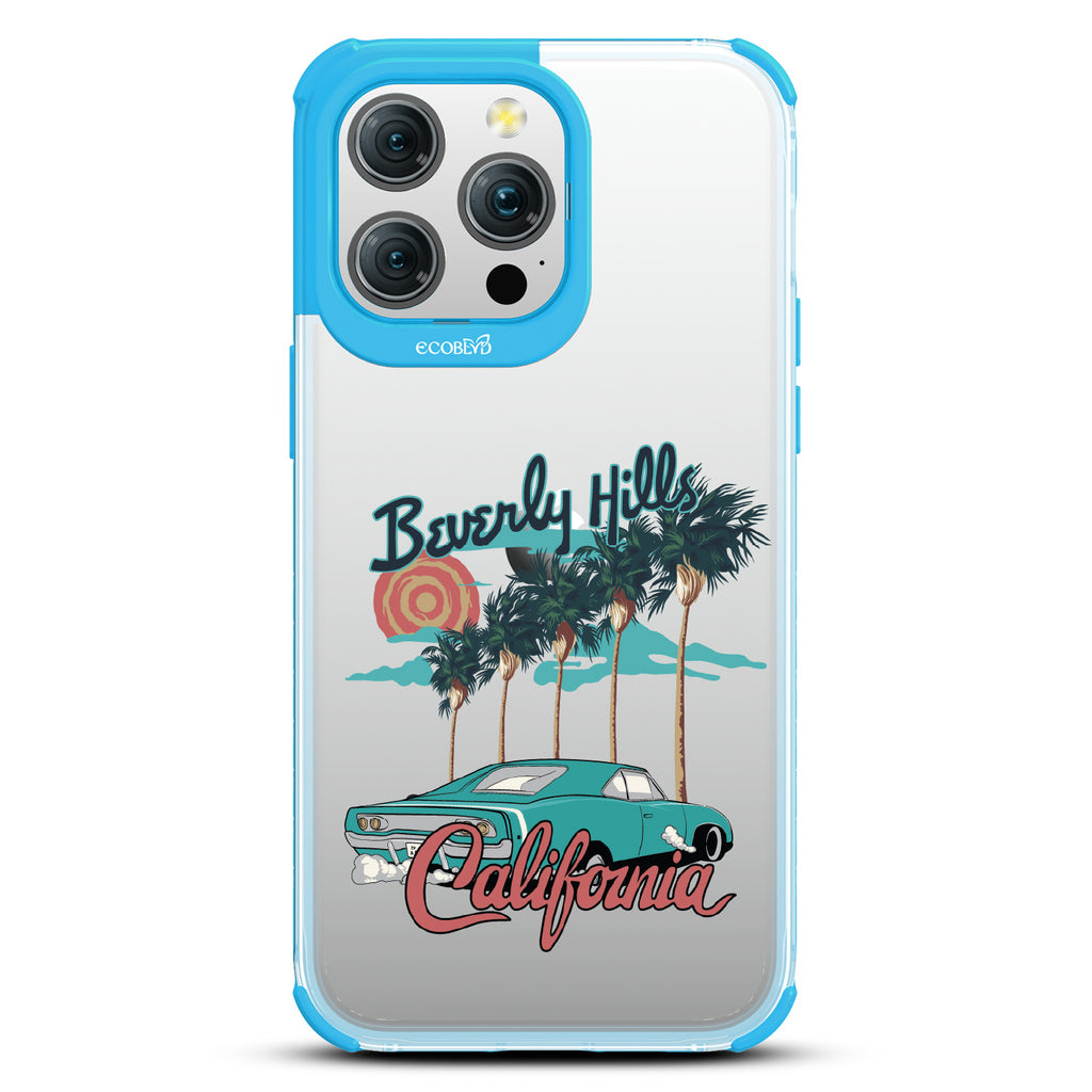 iPhone 15 Pro Max case, clear eco-friendly phone case with blue ridges, back view, 90210 design