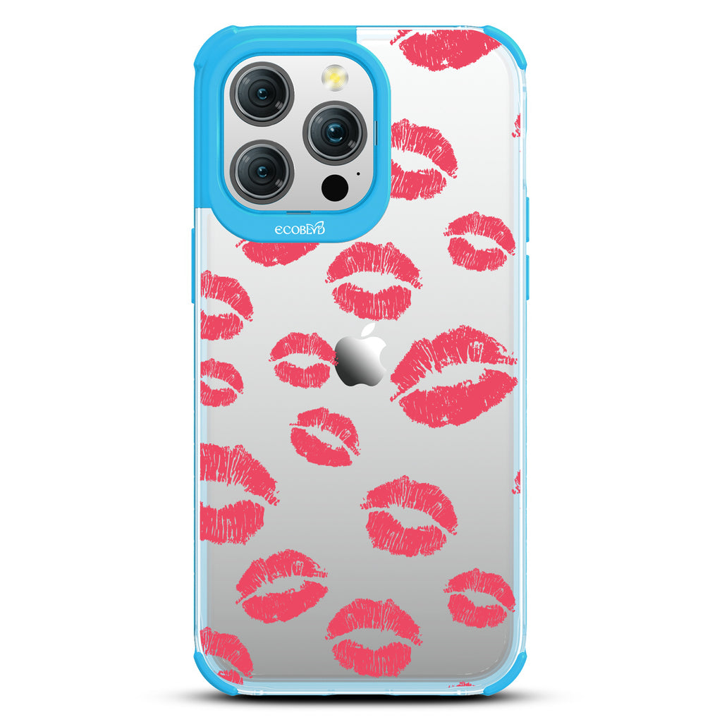 Bisou - Red Lipstick Kisses - Eco-Friendly Clear iPhone 15 Pro Max Case With Blue Rim