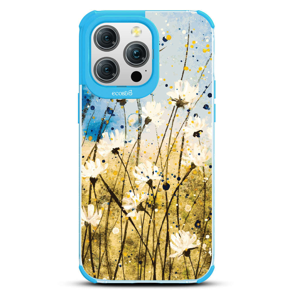 iPhone 15 Pro Max case, clear eco-friendly phone case with blue ridges, back view, Dandelion Dance design
