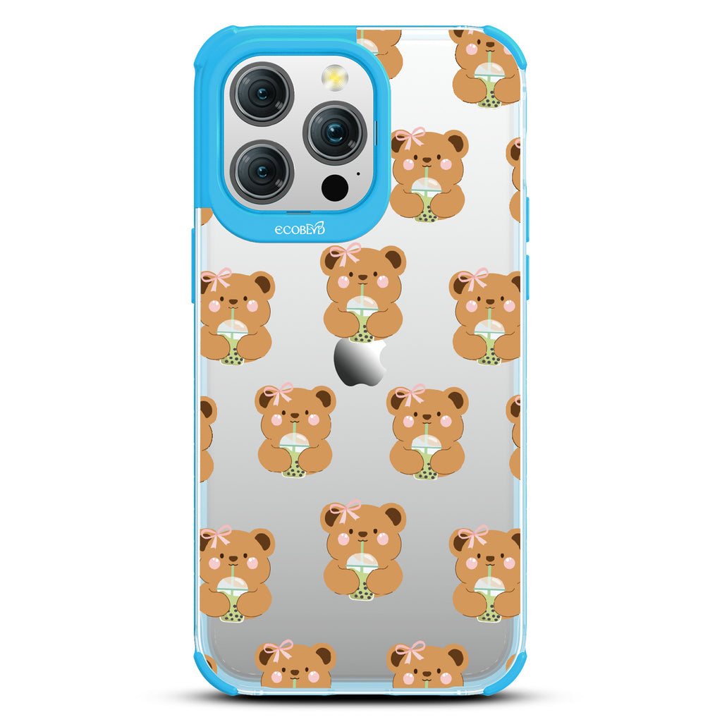 iPhone 15 Pro Max case, clear eco-friendly phone case with blue ridges, back view, Bear-ista Approved design