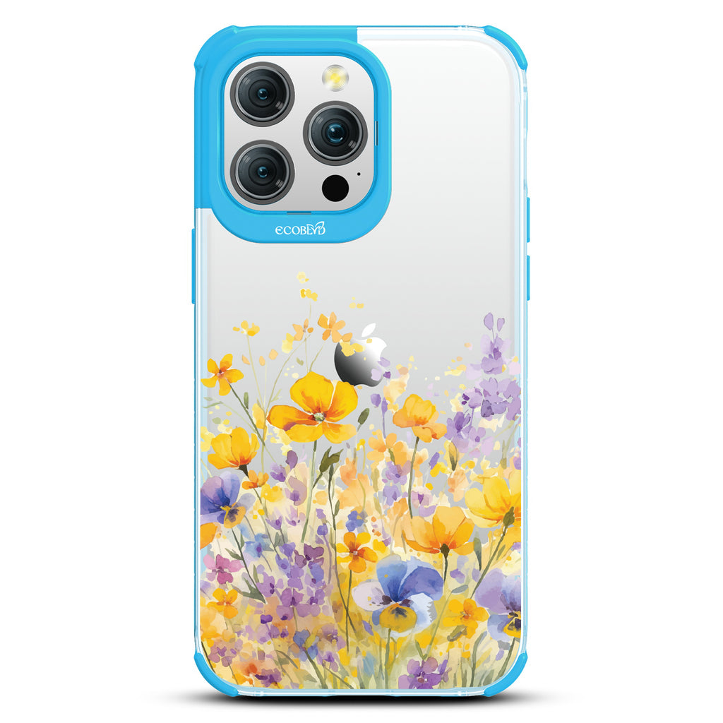 iPhone 15 Pro Max case, clear eco-friendly phone case with blue ridges, back view, Meadowlight design