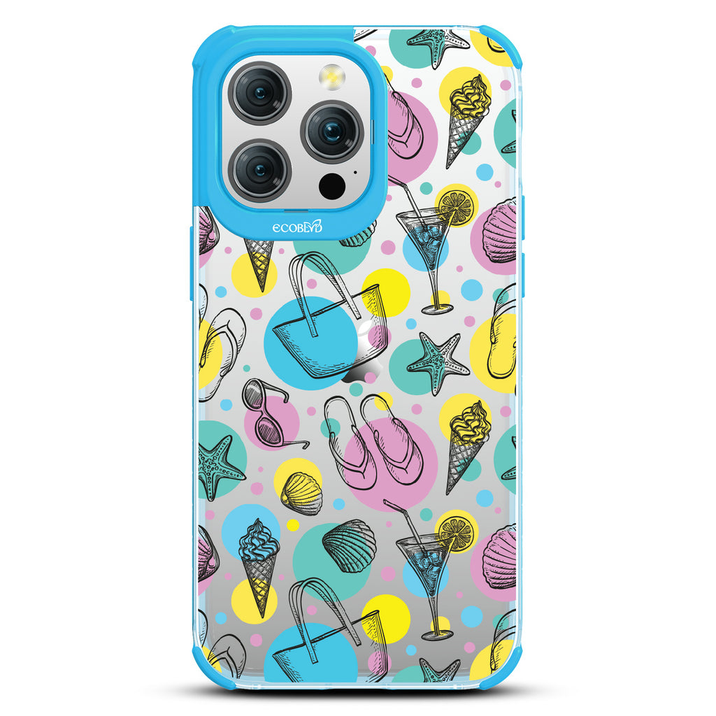 Beach Please - Sandals, Sunglasses, Beach Tote, Ice Cream - Eco-Friendly Clear iPhone 15 Pro Max Case With Blue Rim
