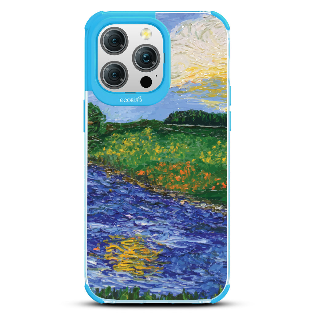 iPhone 15 Pro Max case, clear eco-friendly phone case with blue ridges, back view, Field of Vision design