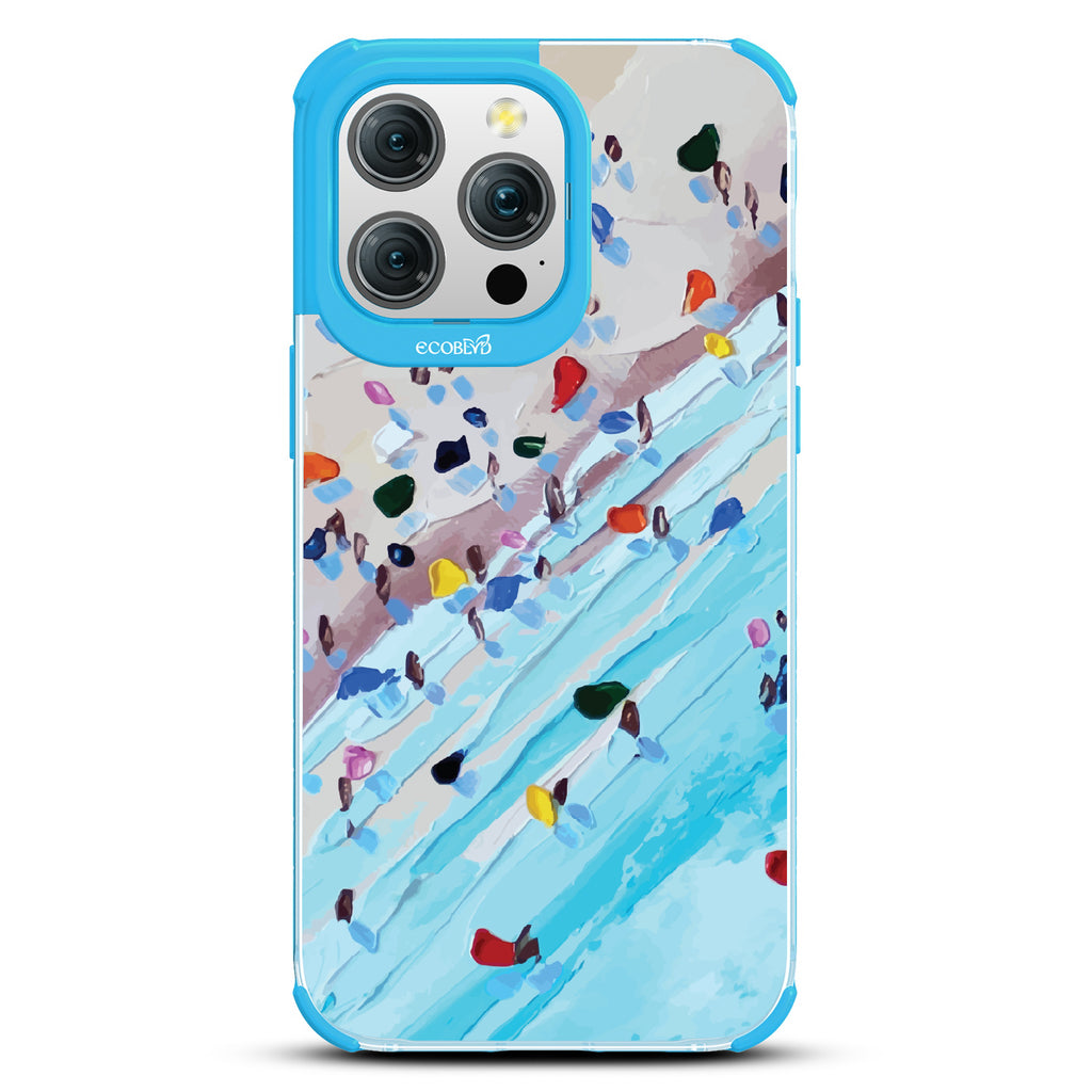 iPhone 15 Pro Max case, clear eco-friendly phone case with blue ridges, back view, Waves of Color design