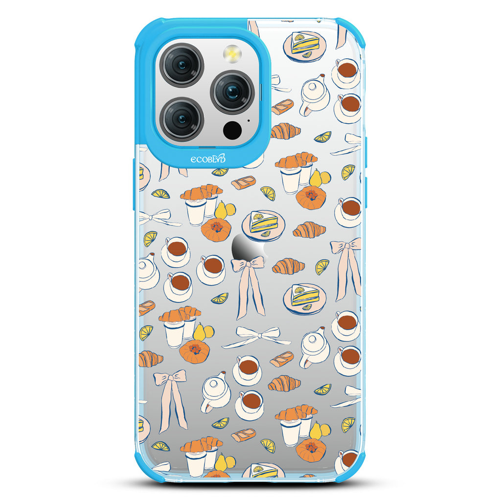 iPhone 15 Pro Max case, clear eco-friendly phone case with blue ridges, back view, Tea Time design