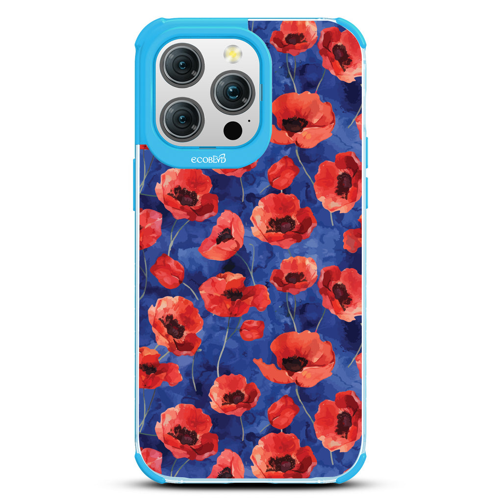 iPhone 15 Pro Max case, clear eco-friendly phone case with blue ridges, back view, Dream Bouquet design