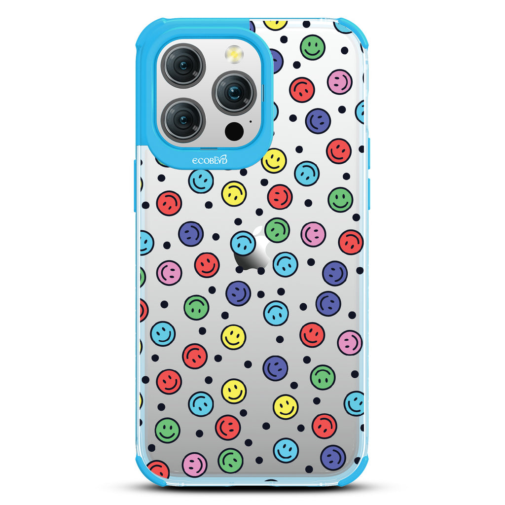 All Smiles - Multi Colored Smiley Faces & Black Dots - Eco-Friendly Clear iPhone 15 Pro Max Case With Blue Rim  