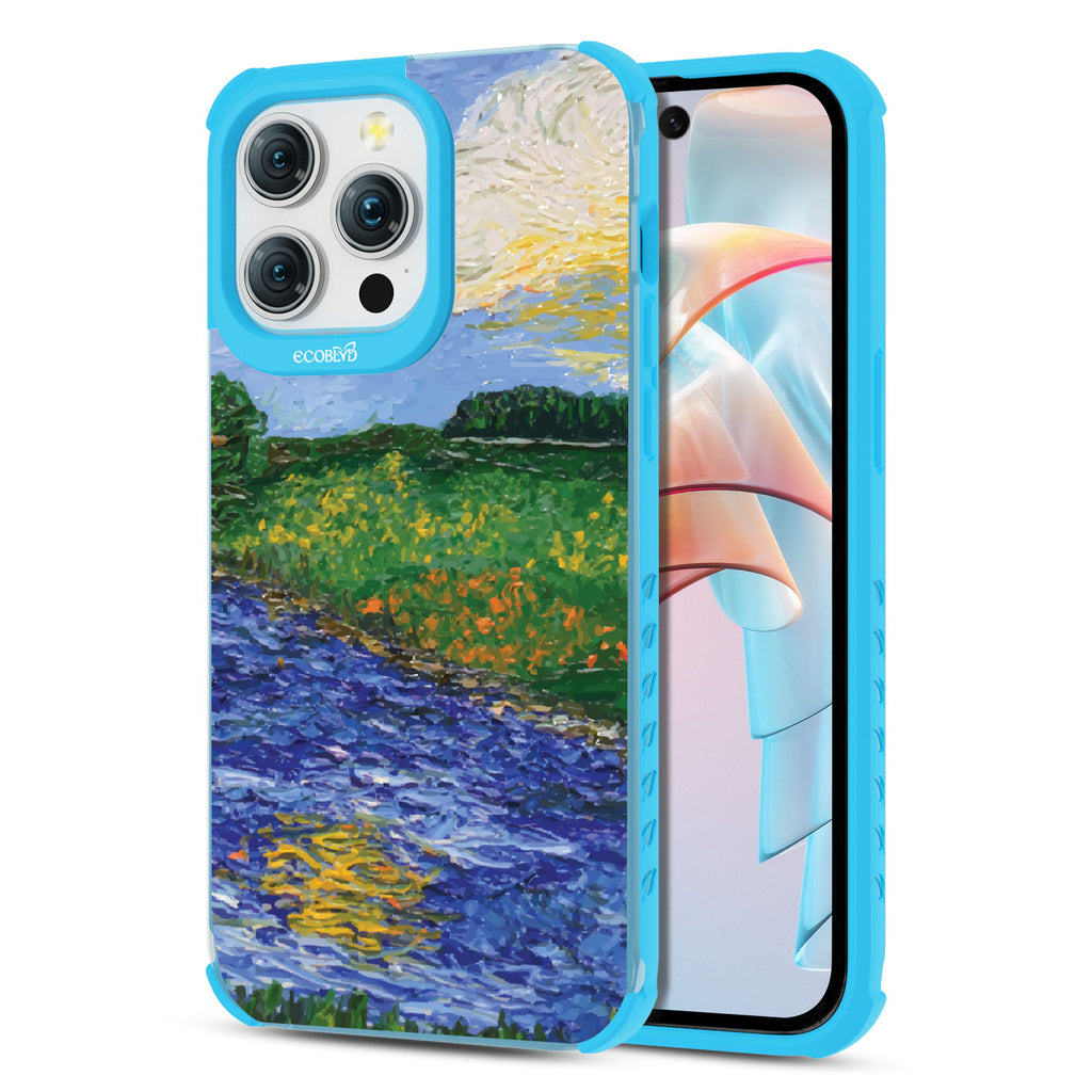 Front and back view of iPhone 15 Pro Max case, clear compostable phone case with blue ridges, Field of Vision design