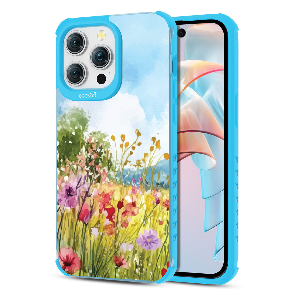 Front and back view of iPhone 15 Pro Max case, clear compostable phone case with blue ridges, Everwild design