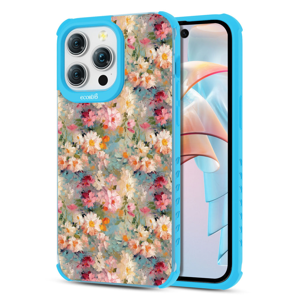 Front and back view of iPhone 15 Pro Max case, clear compostable phone case with blue ridges, Perennial design