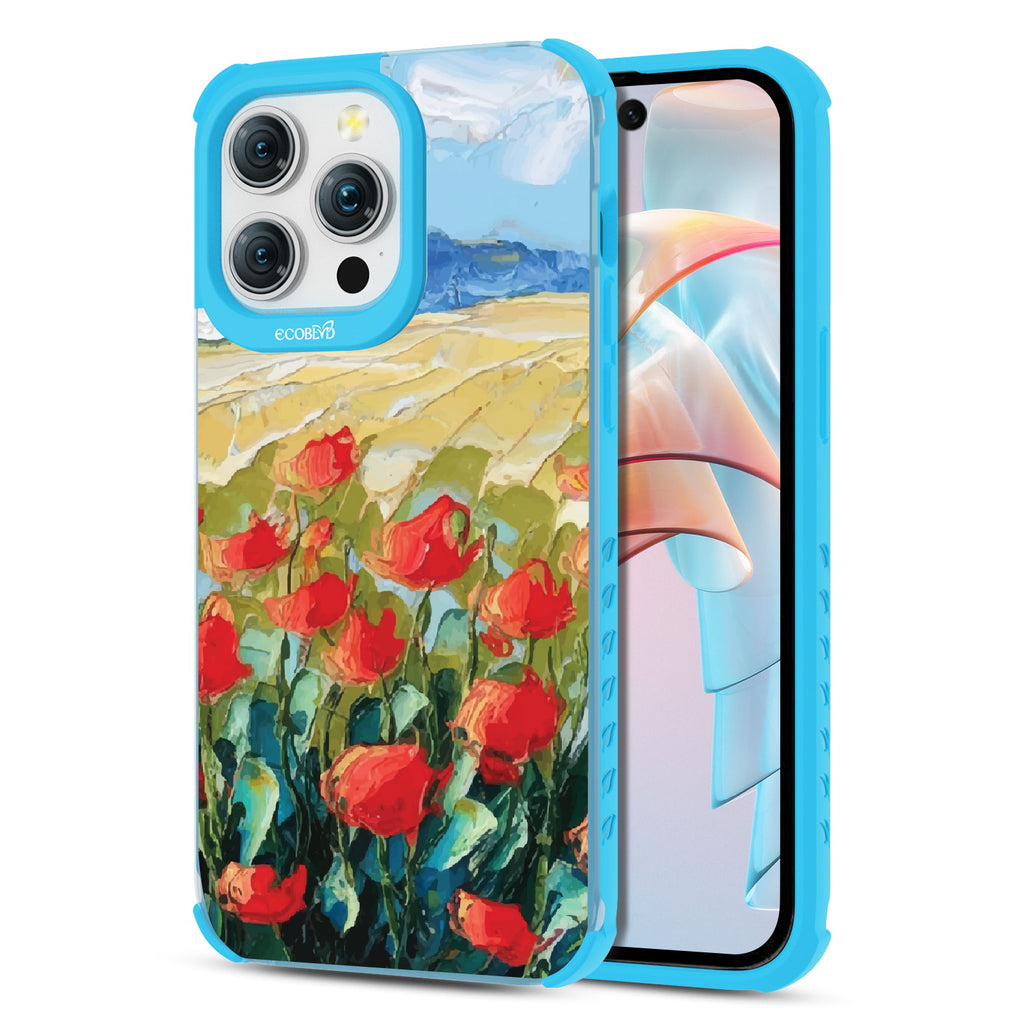 Front and back view of iPhone 15 Pro Max case, clear compostable phone case with blue ridges, Sleepy Bloom design
