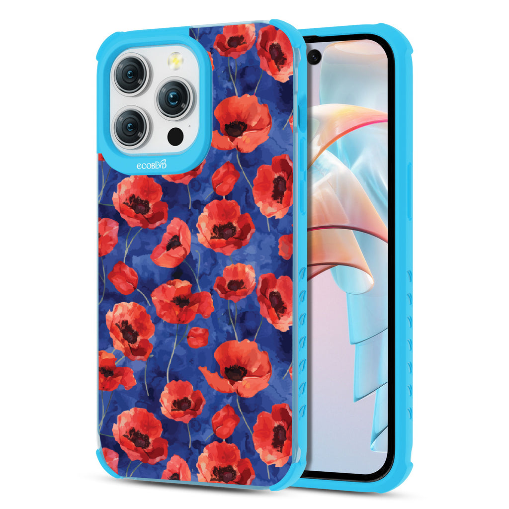 Front and back view of iPhone 15 Pro Max case, clear compostable phone case with blue ridges, Dream Bouquet design