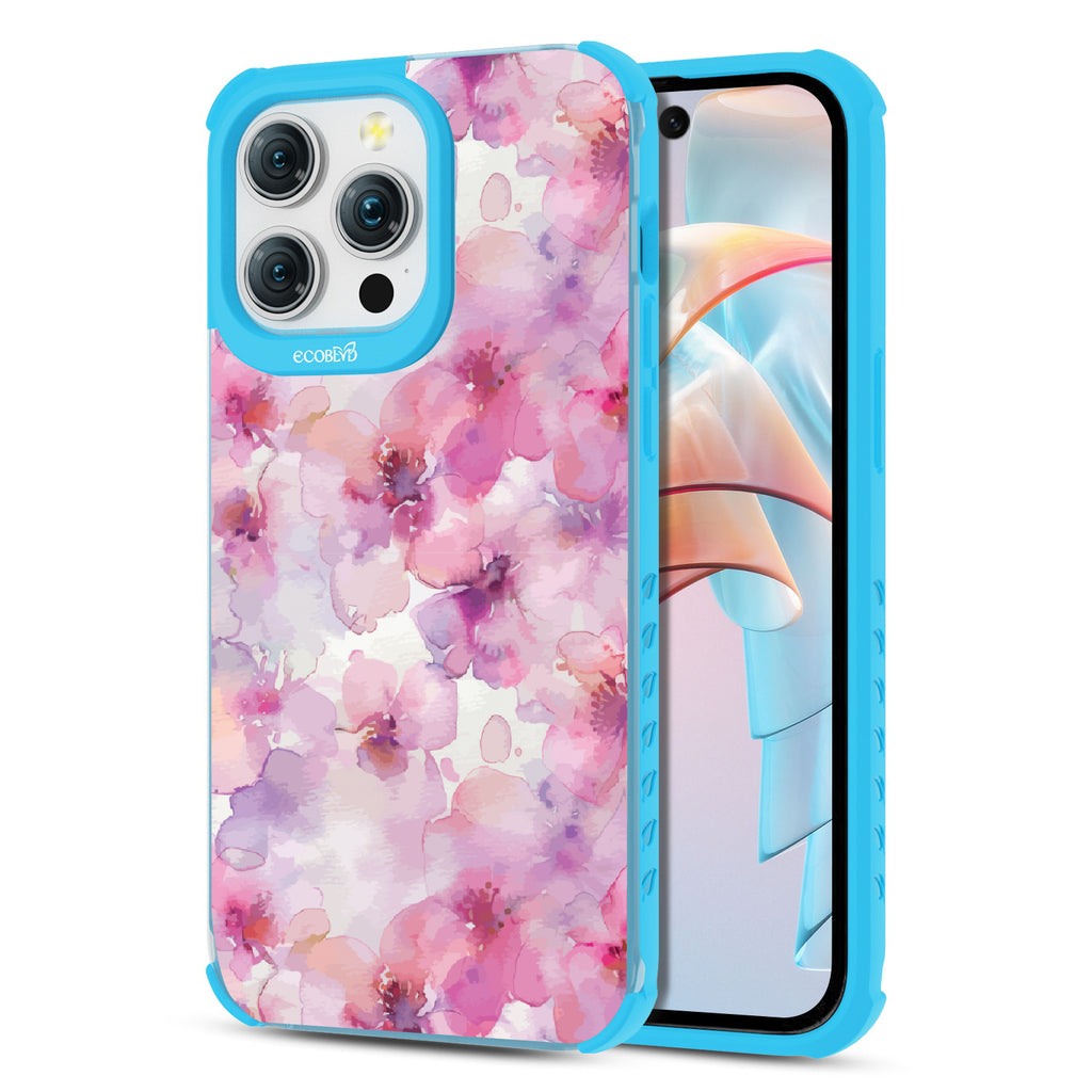 Front and back view of iPhone 15 PRo Max case, clear compostable phone case with blue ridges, Rosewater design