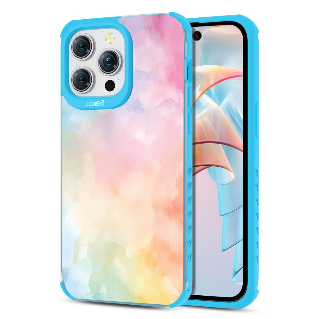 Front and back view of iPhone 15 Pro Max case, clear compostable phone case with blue ridges, Painted Skies design