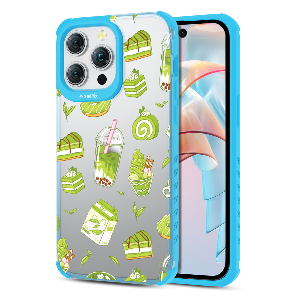 Front and back view of iPhone 15 Pro Max case, clear compostable phone case with blue ridges, So Matcha More design