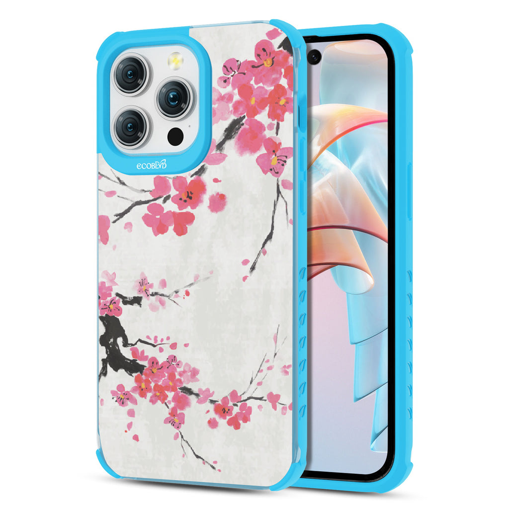 Front and back view of iPhone 15 Pro Max case, clear compostable phone case with blue ridges, Sakura Season design
