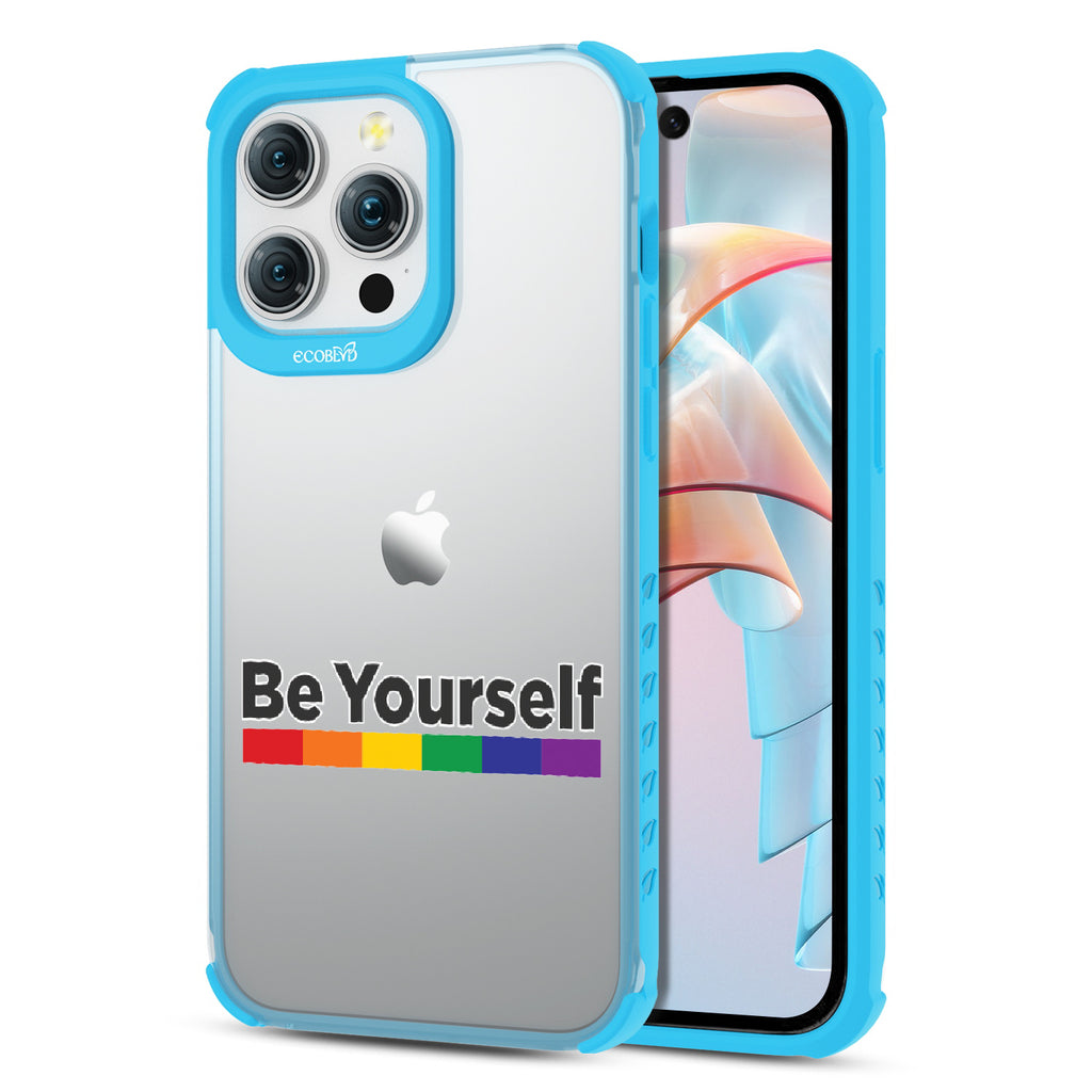 Be Yourself - Be Yourself + Rainbow Gradient Line - Eco-Friendly Clear iPhone 15 Pro Max Case With Blue Rim