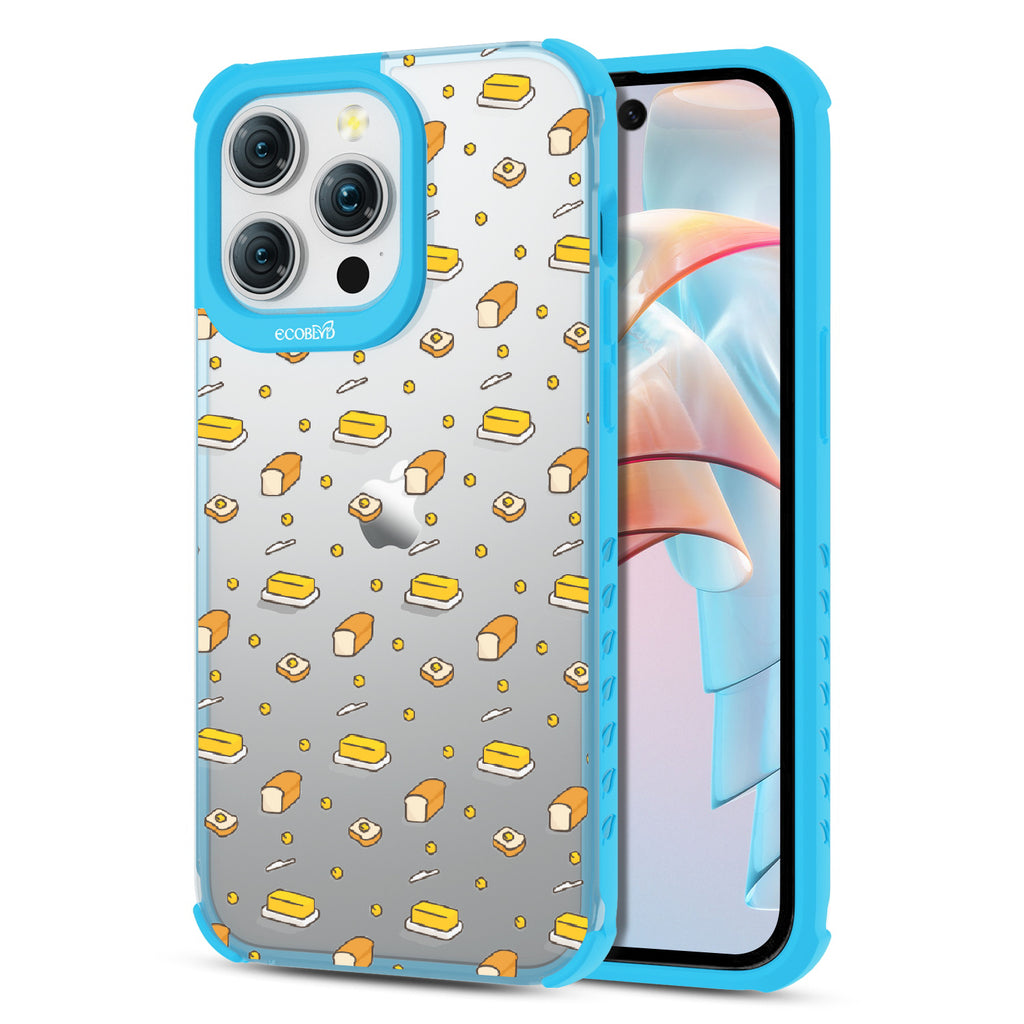 Front and back view of iPhone 15 Pro Max case, clear compostable phone case with blue ridges, Butter Me Up design