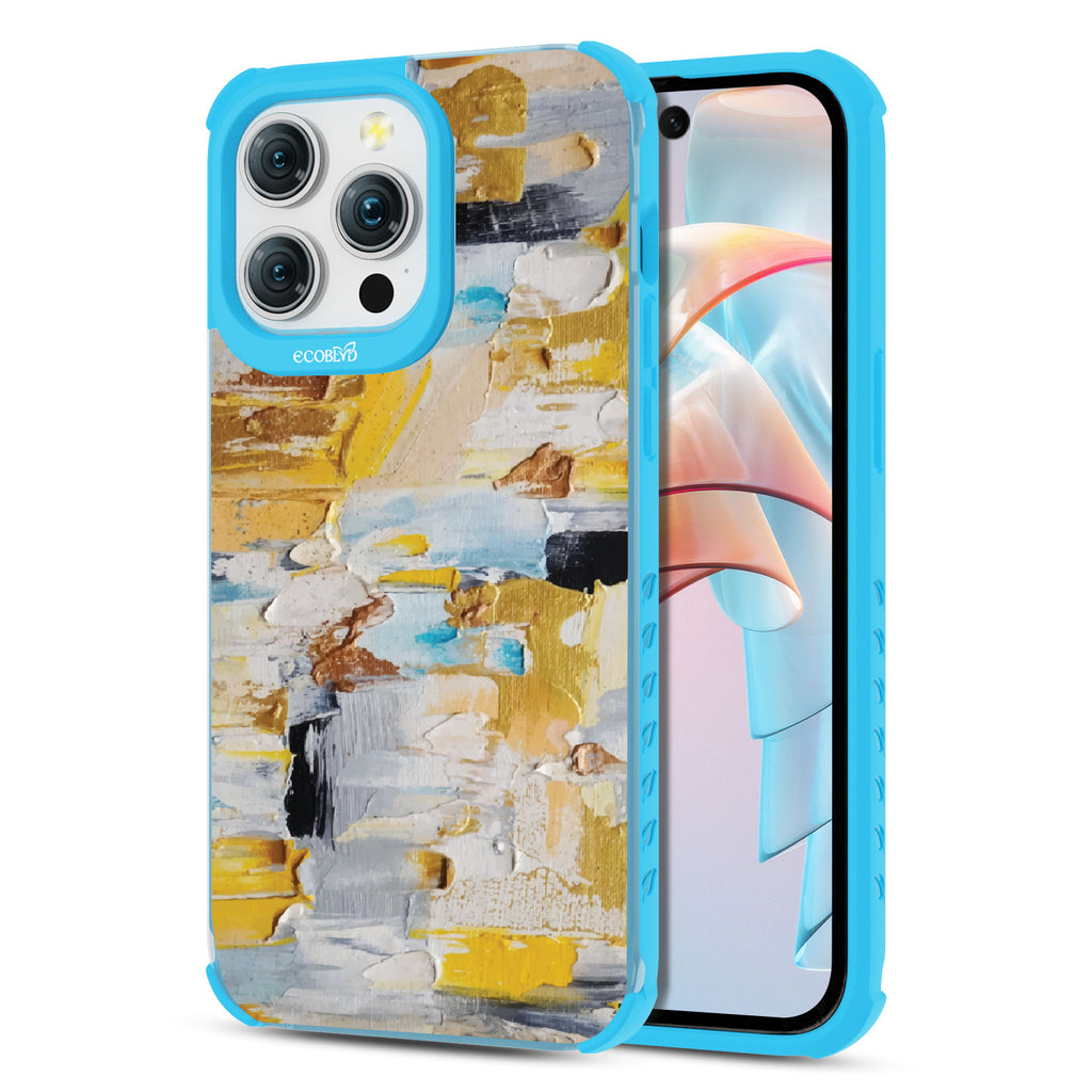 Front and back view of iPhone 15 Pro Max case, clear compostable phone case with blue ridges, Lighten Up design
