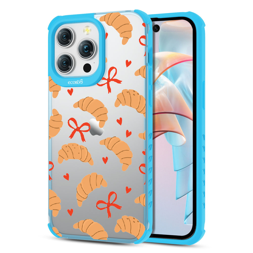 Front and back view of iPhone 15 Pro Max case, clear compostable phone case with blue ridges, Croissant Couture  design