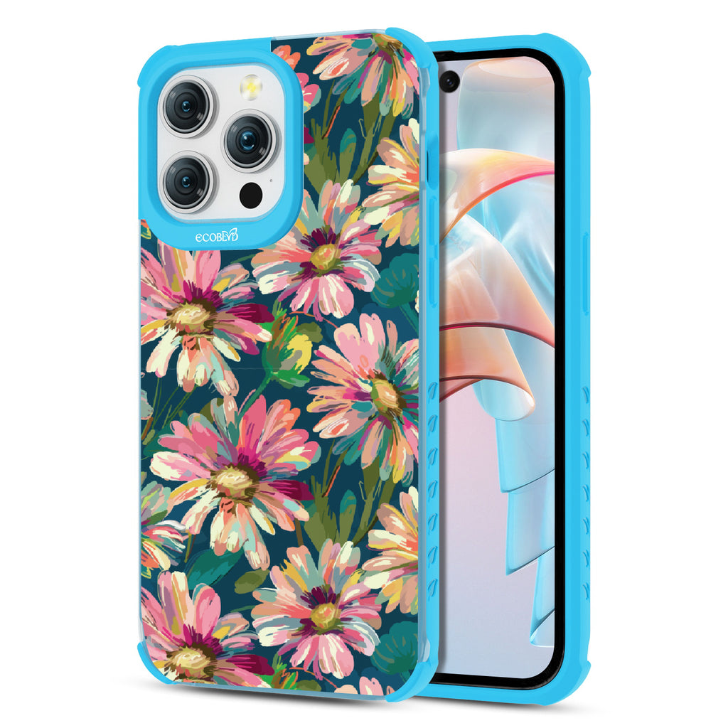 Front and back view of iPhone 15 Pro Max case, clear compostable phone case with blue ridges, Daisy Dusk design