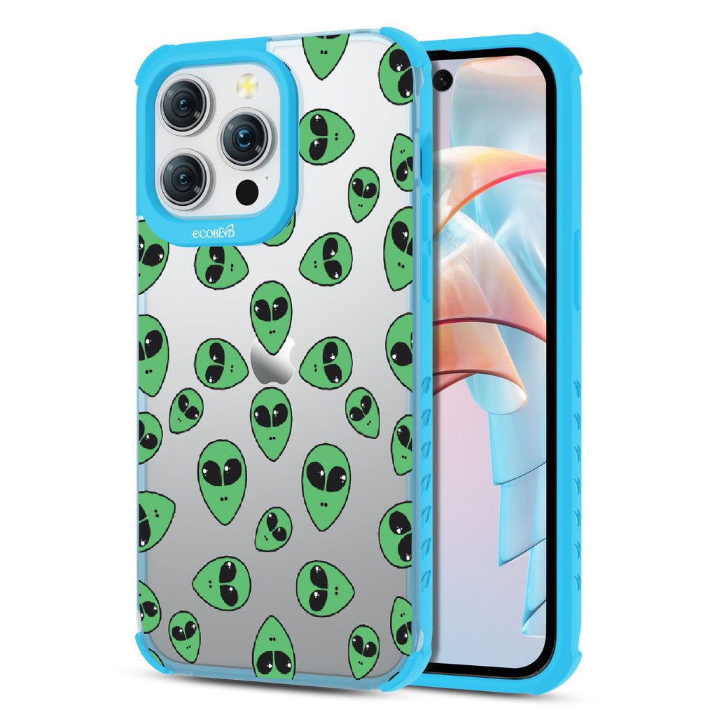 Aliens  - Back View Of Eco-Friendly iPhone 15 Pro Max Clear Case With Blue Rim & Front View Of Screen