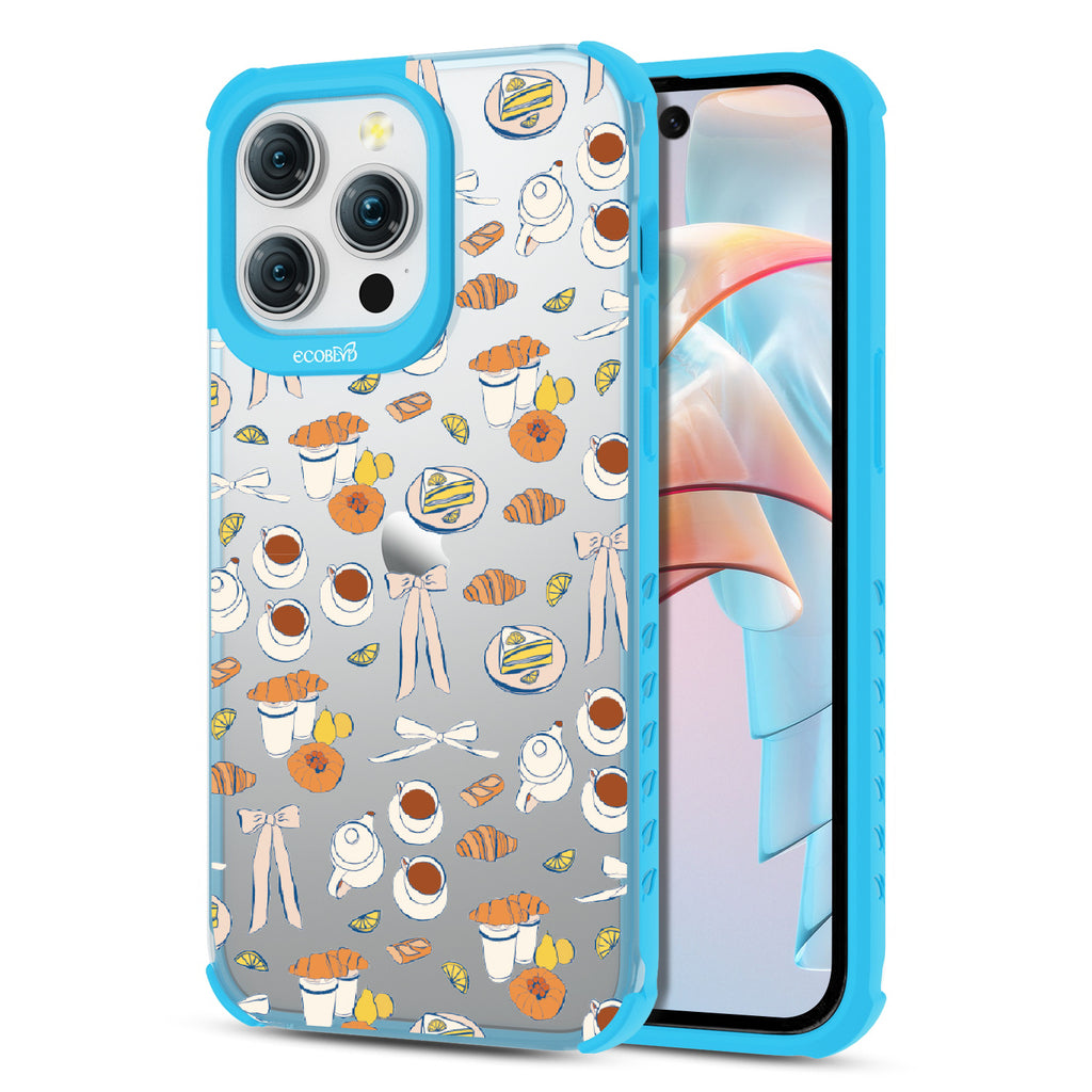 Front and back view of iPhone 15 Pro Max case, clear compostable phone case with blue ridges, Tea Time  design
