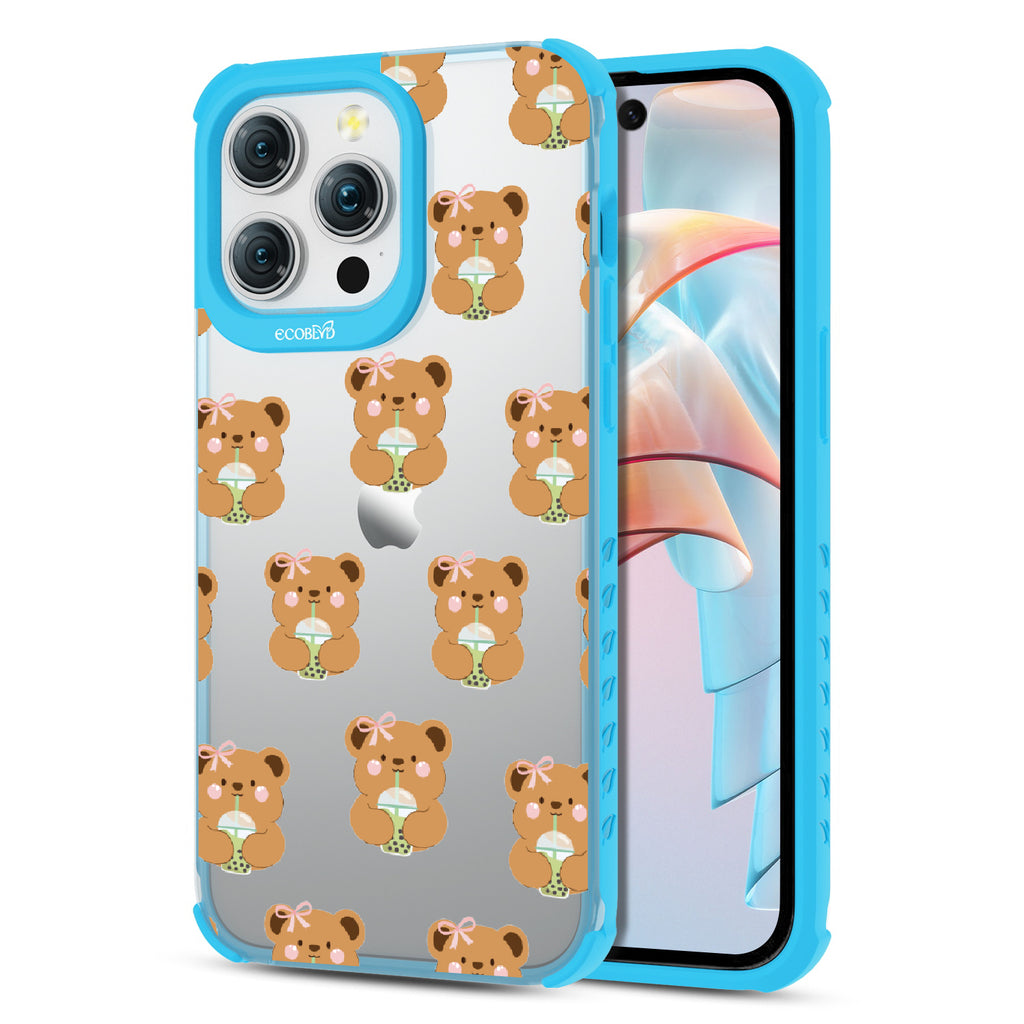 Front and back view of iPhone 15 Pro Max case, clear compostable phone case with blue ridges, Bear-ista Approved design