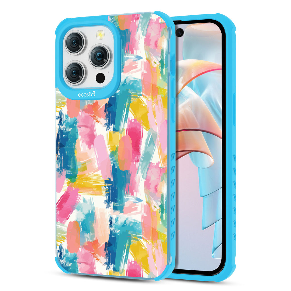 Front and back view of iPhone 15 Pro Max case, clear compostable phone case with blue ridges, Blurred Beauty design