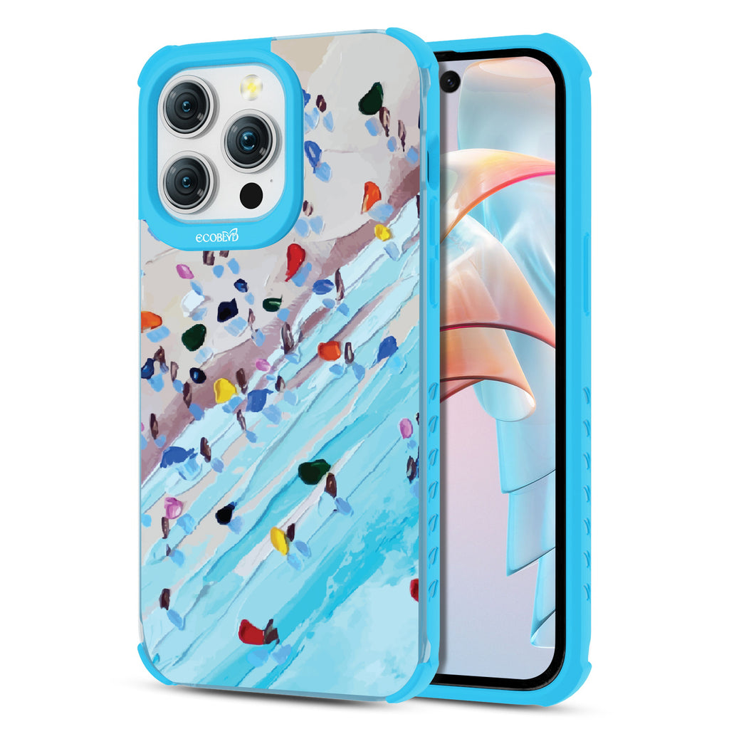 Front and back view of iPhone 15 Pro Max case, clear compostable phone case with blue ridges, Waves of Color design
