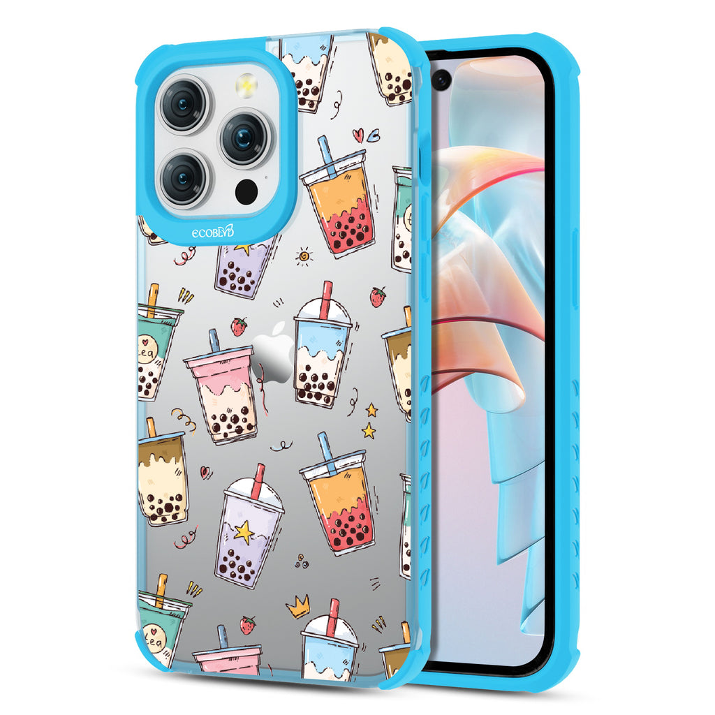 Front and back view of iPhone 15 Pro Max case, clear compostable phone case with blue ridges, Best-Teas design