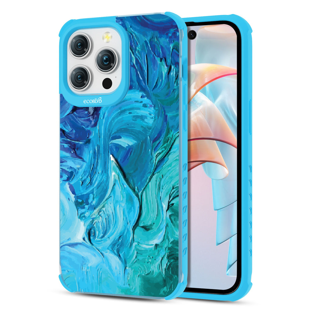 Front and back view of iPhone 15 Pro Max case, clear compostable phone case with blue ridges, Oceanswept design