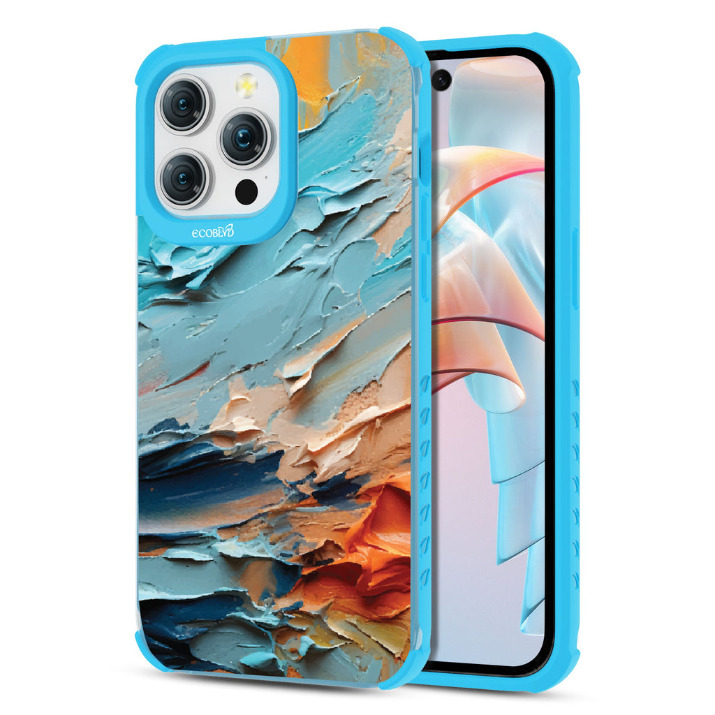 Front and back view of iPhone 15 Pro Max case, clear compostable phone case with blue ridges, Frame of Mind design