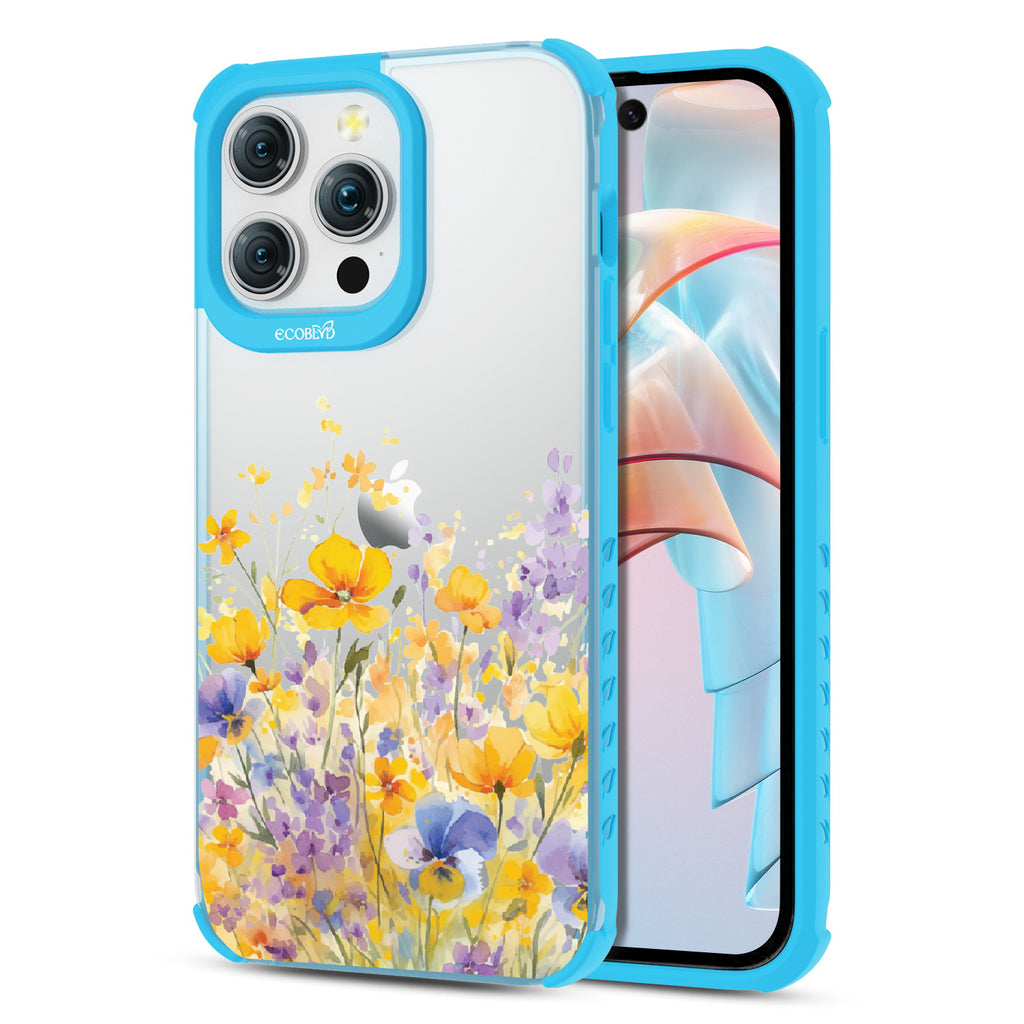 Front and back view of iPhone 15 Pro Max case, clear compostable phone case with blue ridges, Meadowlight design