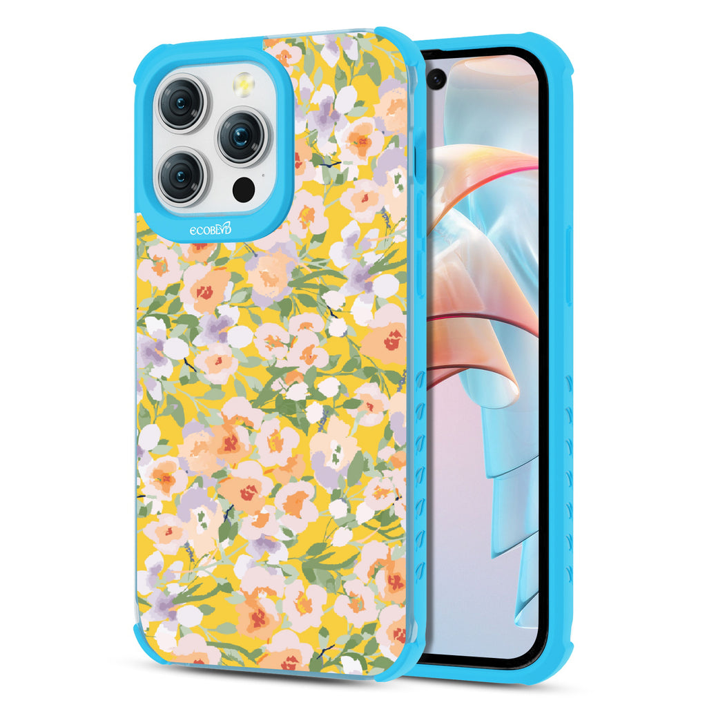 Front and back view of iPhone 15 Pro Max case, clear compostable phone case with blue ridges, Flourish & Shine design