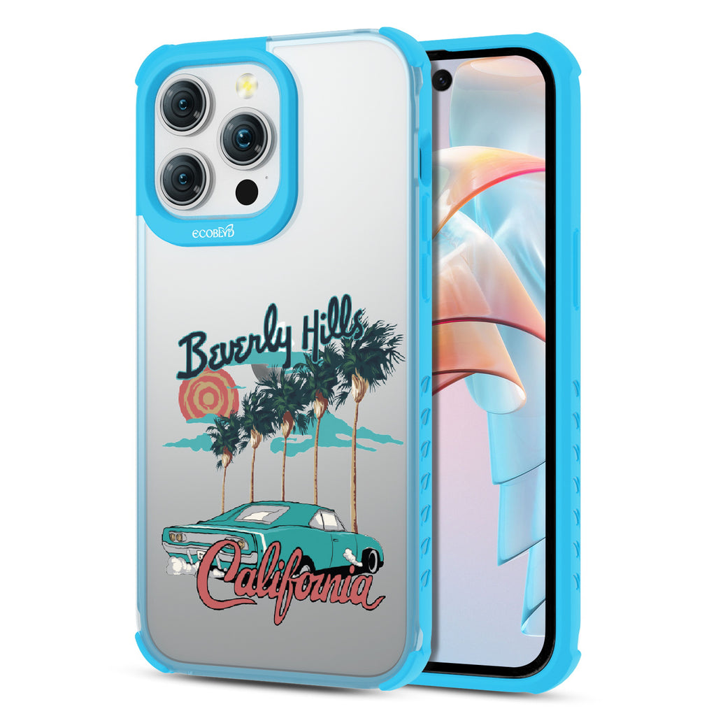 Front and back view of iPhone 15 Pro Max case, clear compostable phone case with blue ridges, 90210 design