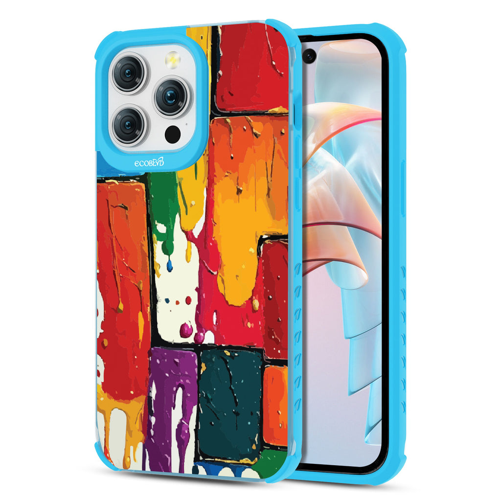 Front and back view of iPhone 15 Pro Max case, clear compostable phone case with blue ridges, Color Me Mine design