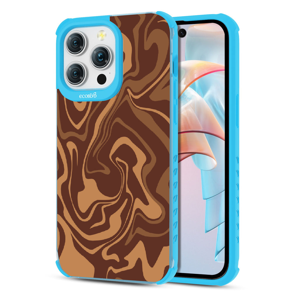 Front and back view of iPhone 15 Pro Max case, clear compostable phone case with blue ridges, Stirred & Swirled  design