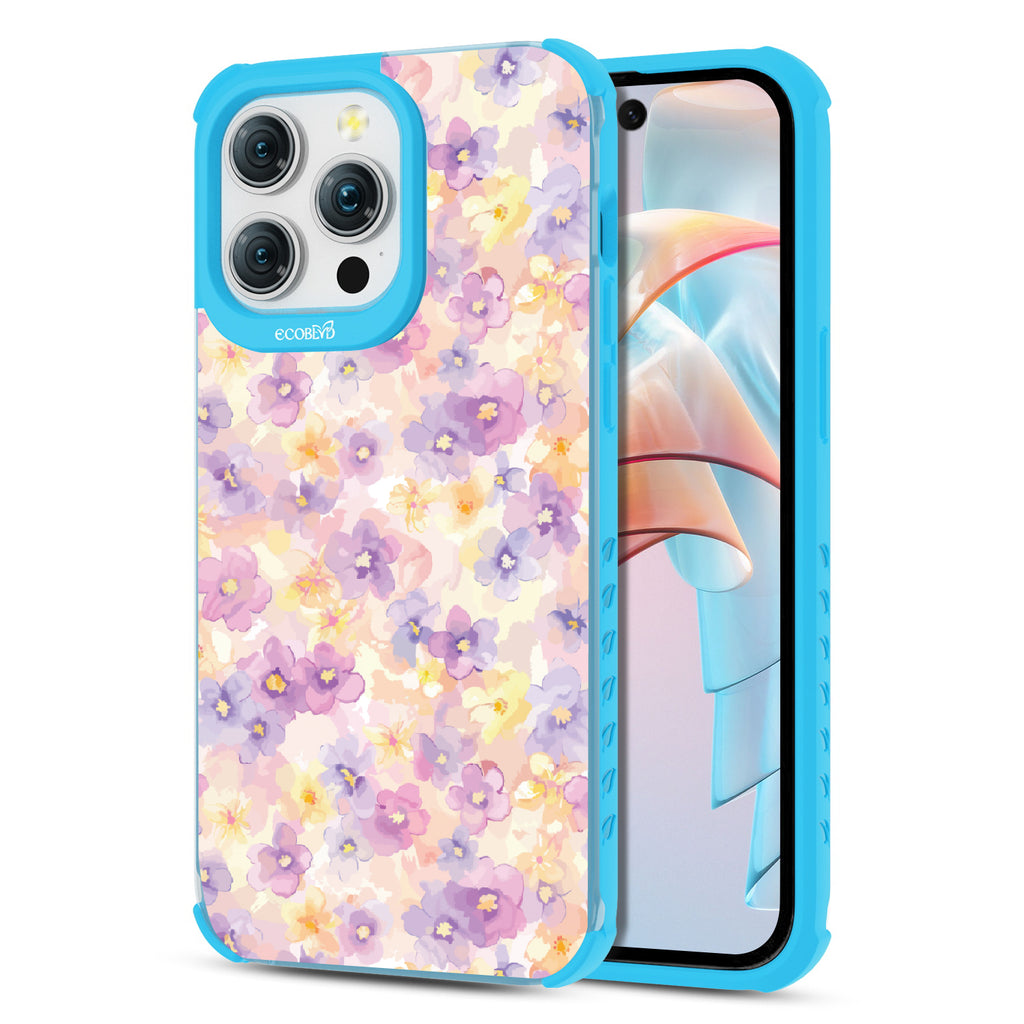 Front and back view of iPhone 15 Pro Max case, clear compostable phone case with blue ridges, Flowering Thoughts design