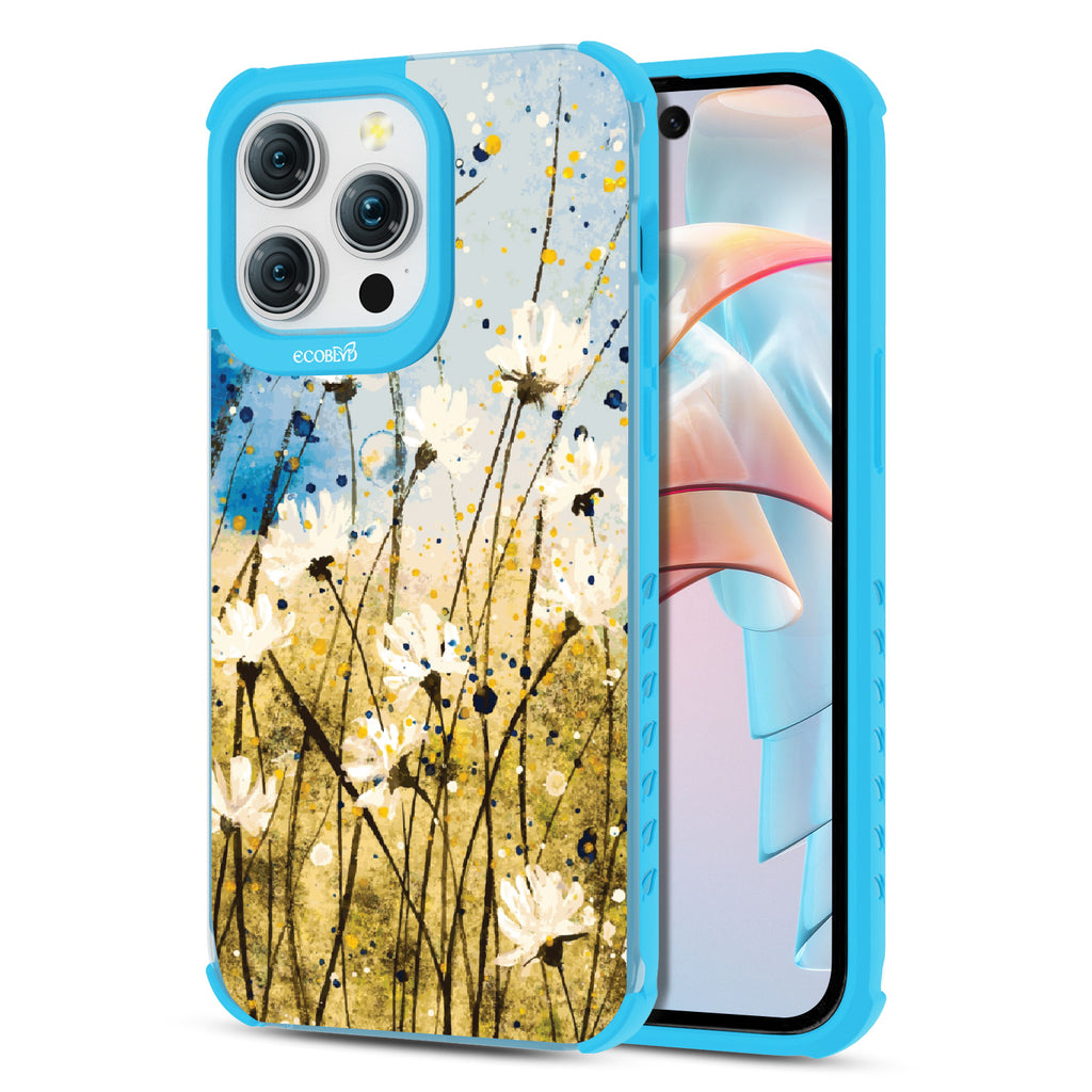 Front and back view of iPhone 15 Pro Max case, clear compostable phone case with blue ridges, Dandelion Dance design