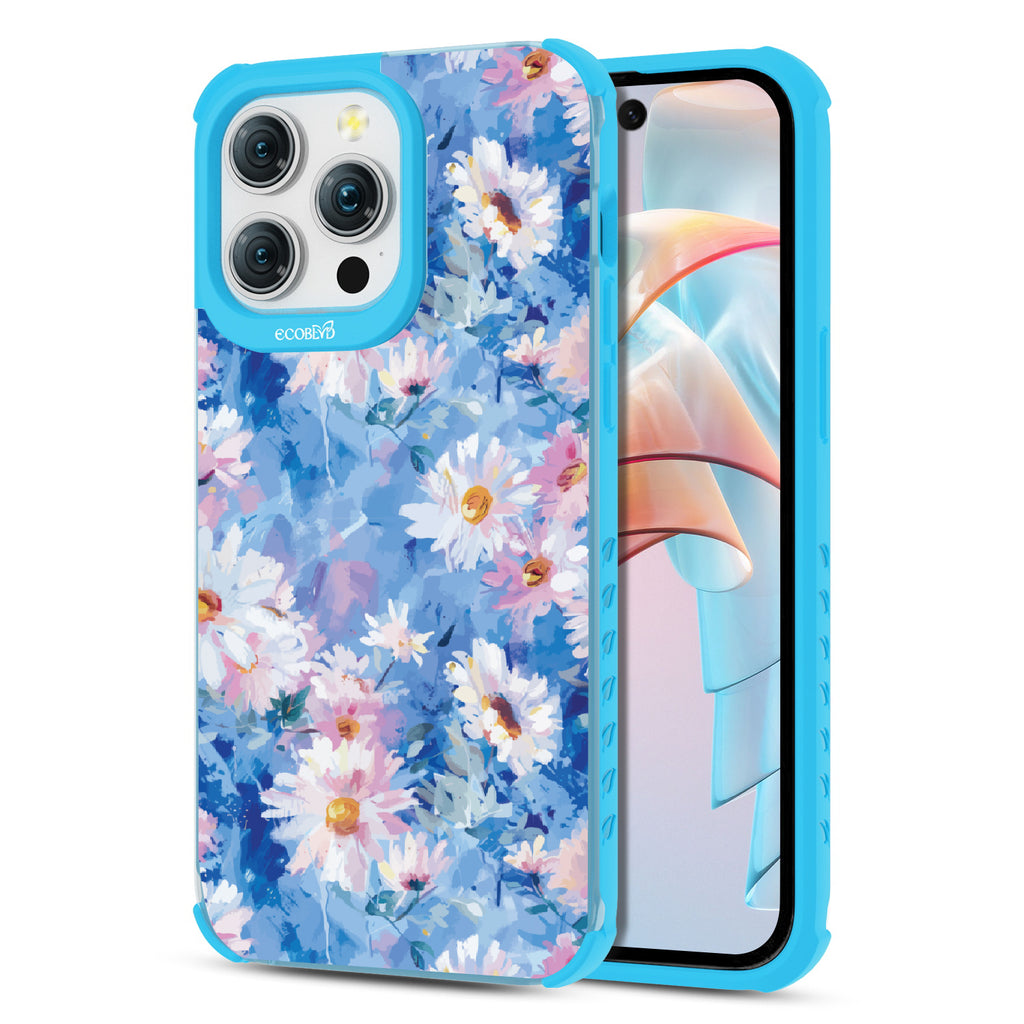 Front and back view of iPhone 15 Pro Max case, clear compostable phone case with blue ridges, Blown Away design