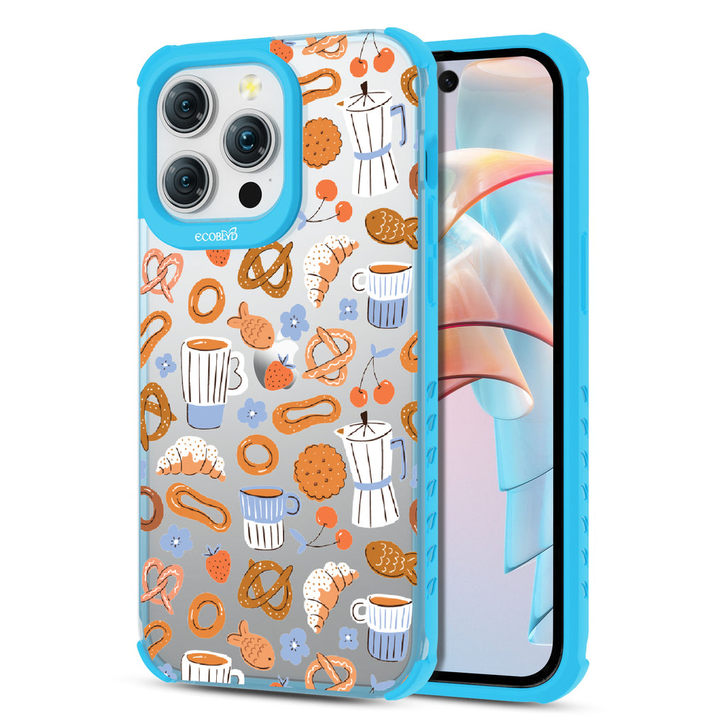 Front and back view of iPhone 15 Pro Max case, clear compostable phone case with blue ridges, The Breakfast Club design