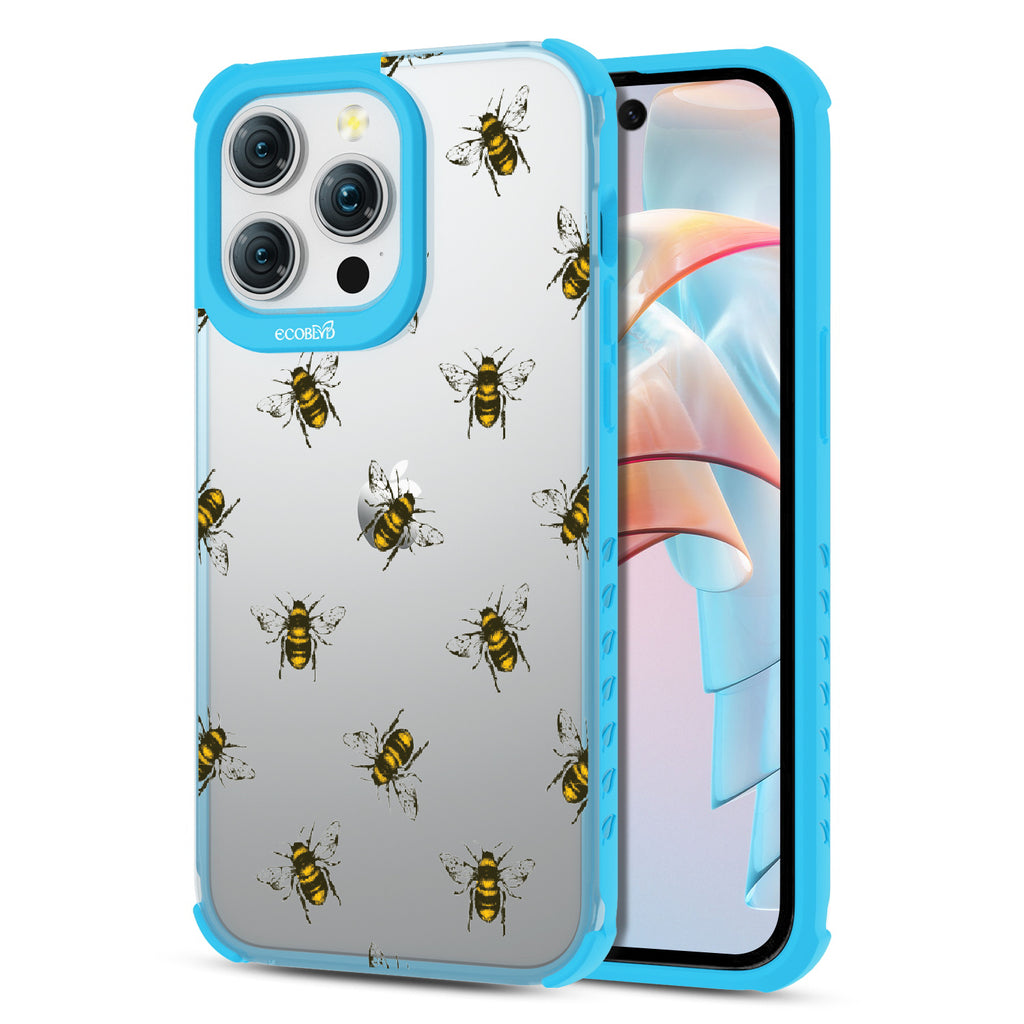 Bees - Back View Of Eco-Friendly iPhone 15 Pro Clear Case With Blue Rim & Front View Of Screen