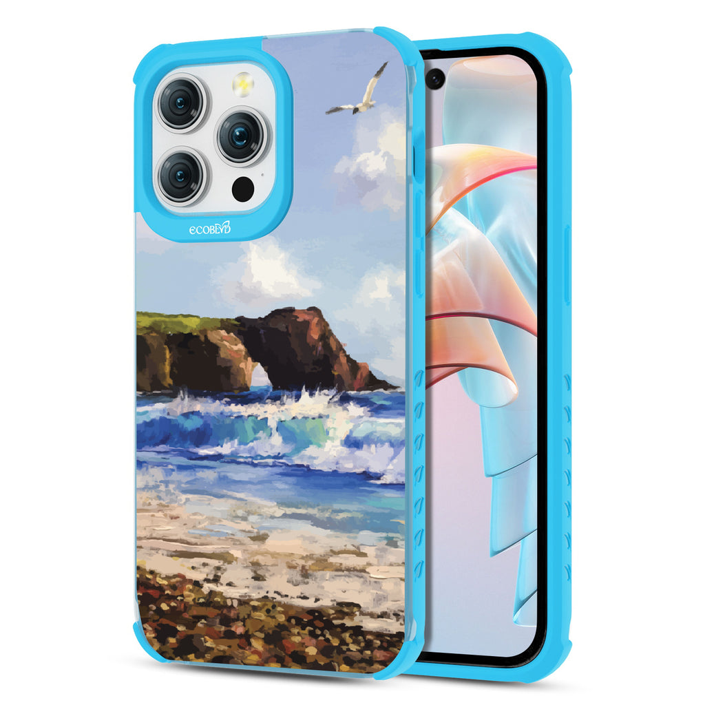 Front and back view of iPhone 15 Pro Max case, clear compostable phone case with blue ridges, Cliffhanger design