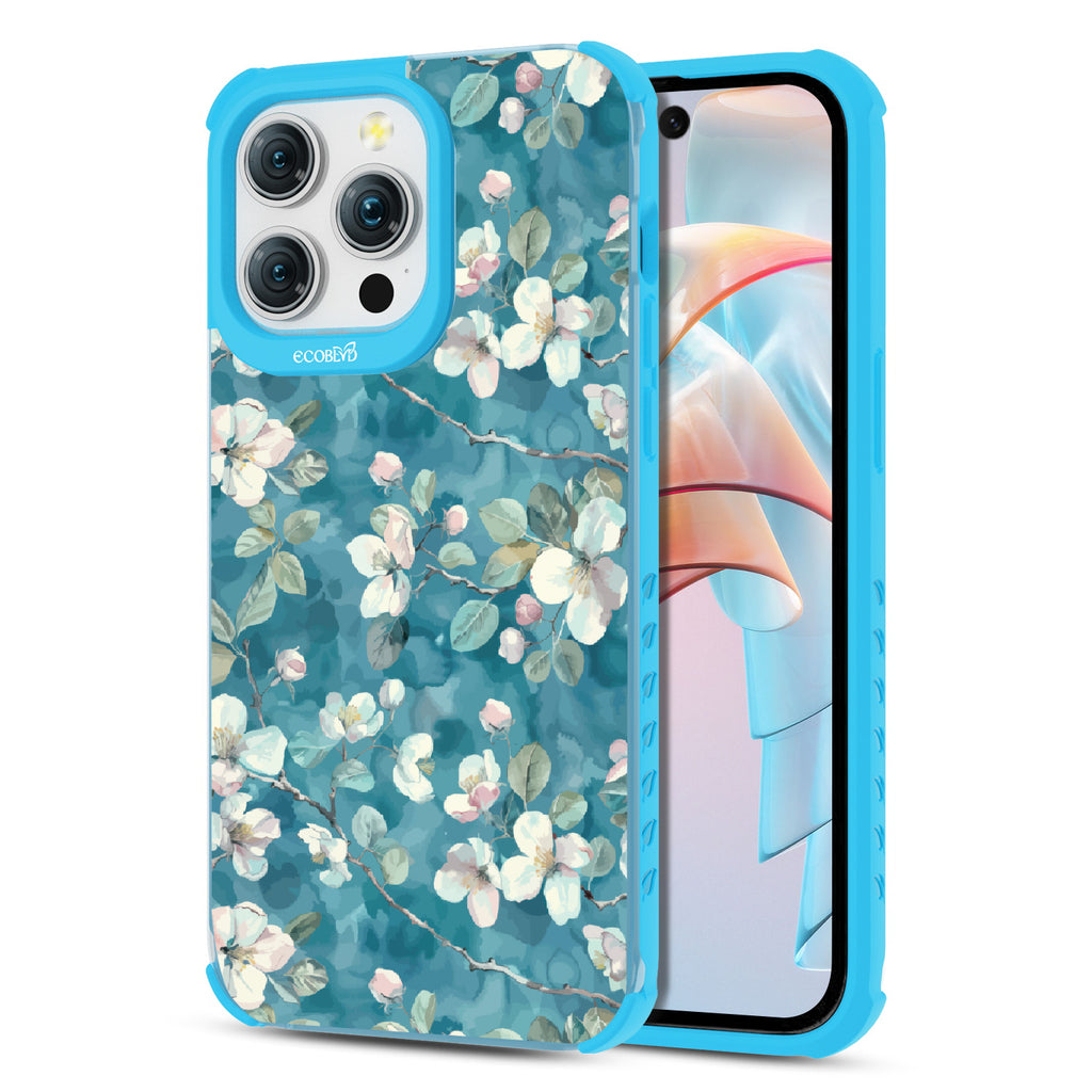 Front and back view of iPhone 15 Pro Max case, clear compostable phone case with blue ridges, Sway & Sprout design