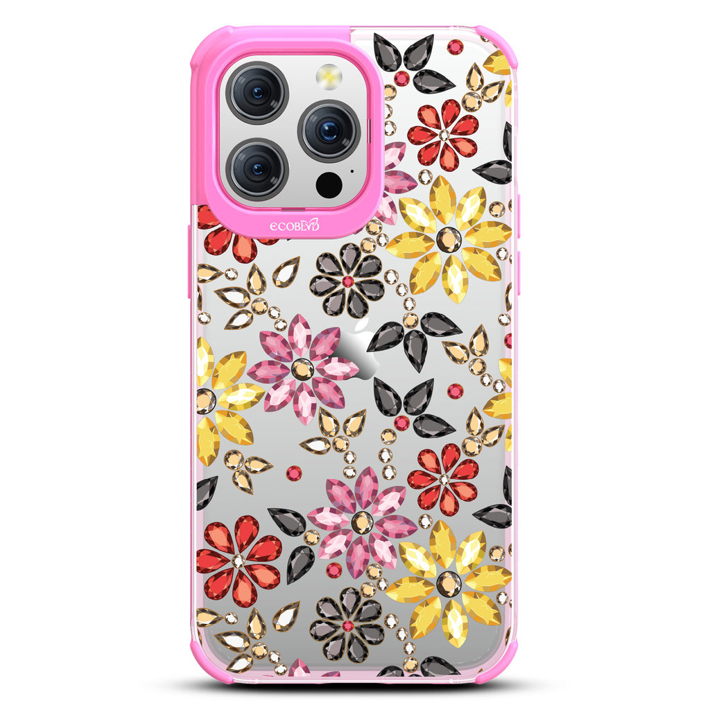 Bejeweled - Rhinestone Jewels In Floral Patterns - Eco-Friendly Clear iPhone 15 Pro Max Case With Black Rim 